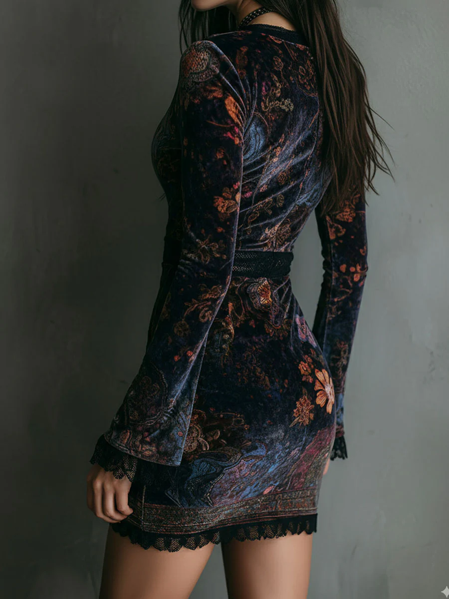 Elmont | Floral Velvet Lace-Trim V-Neck Bodycon Mini Dress