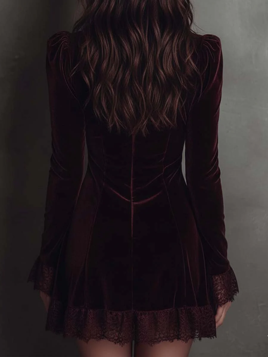 Elmont | Burgundy Velvet Lace-Trim V-Neck Mini Dress