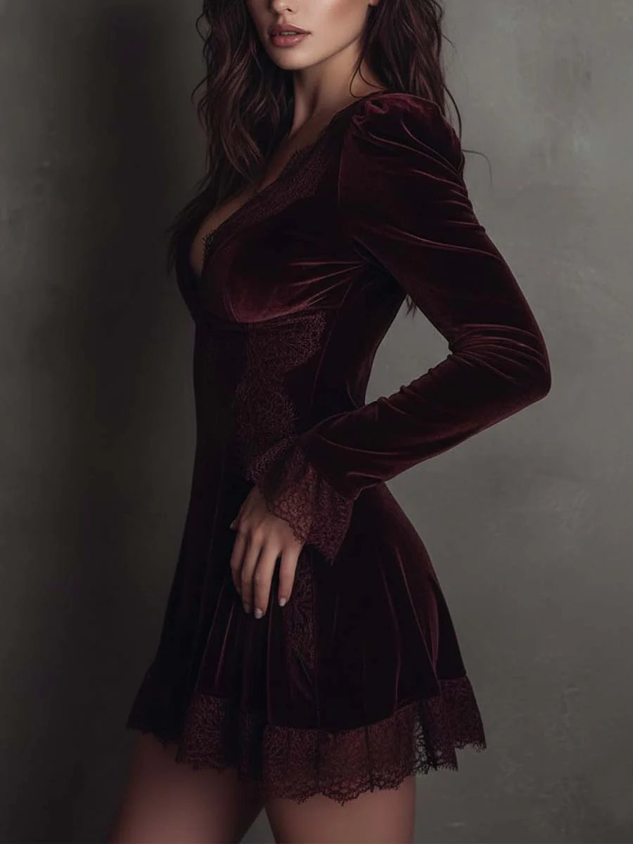 Elmont | Burgundy Velvet Lace-Trim V-Neck Mini Dress