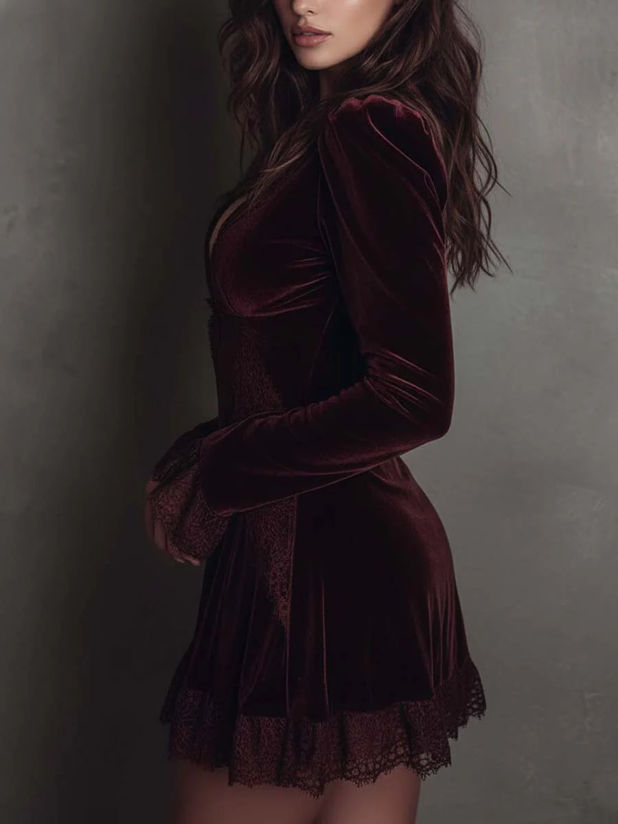 Elmont | Burgundy Velvet Lace-Trim V-Neck Mini Dress