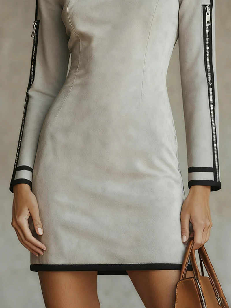 Elmont | Light Grey Faux Suede Mock-Neck Mini Dress