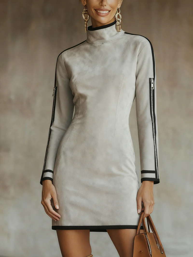 Elmont | Light Grey Faux Suede Mock-Neck Mini Dress