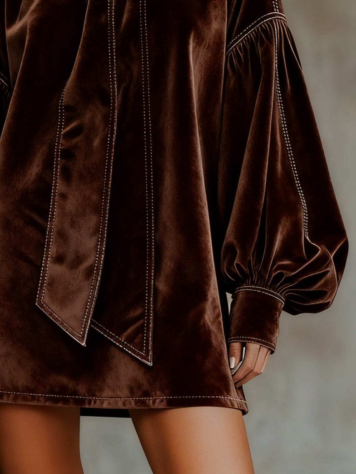 Elmont | Dark Brown Velvet Bow-Neck Lantern-Sleeve Mini Dress