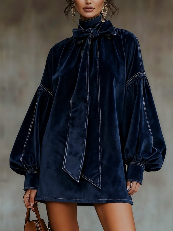 Elmont | Dark Blue Velvet Bow Lantern-Sleeve Mini Dress