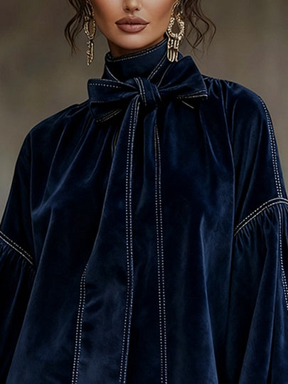 Elmont | Dark Blue Velvet Bow Lantern-Sleeve Mini Dress