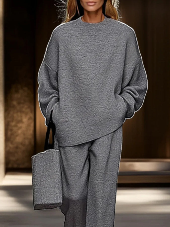 Elmont | Grey Crewneck Top and Wide-Leg Pants Set