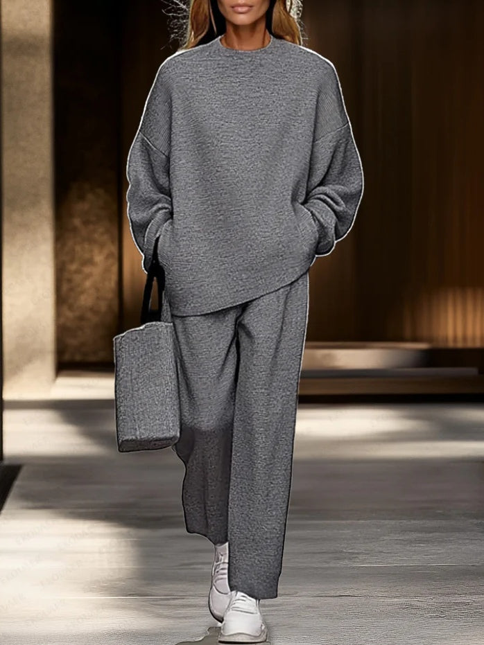 Elmont | Grey Crewneck Top and Wide-Leg Pants Set