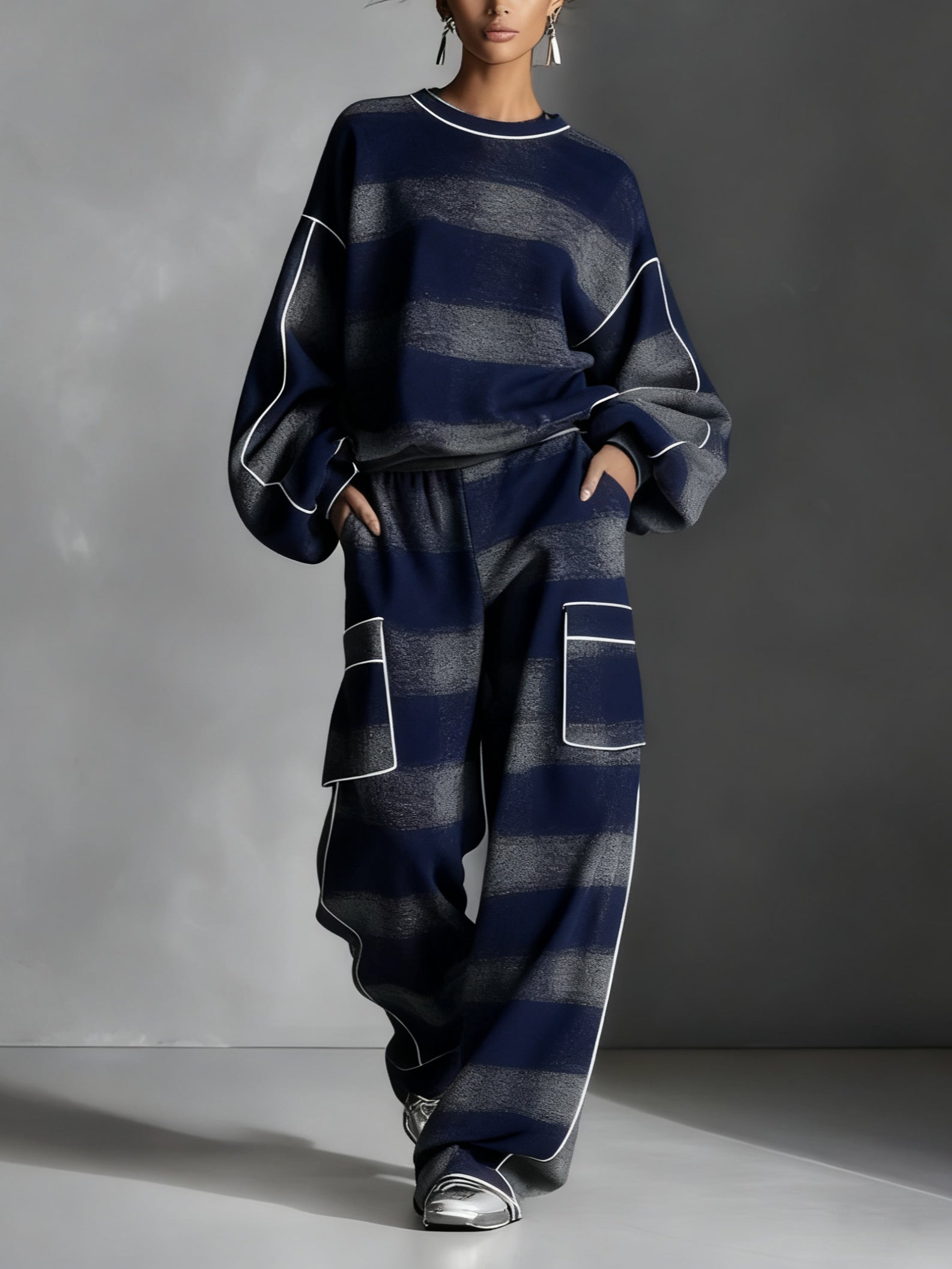 Elmont | Blue & Grey Plaid Colour-Blocked Sweatshirt & Pants Set