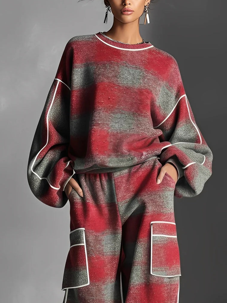 Elmont | Red & Grey Plaid Colour-Block Sweatshirt & Pants Set
