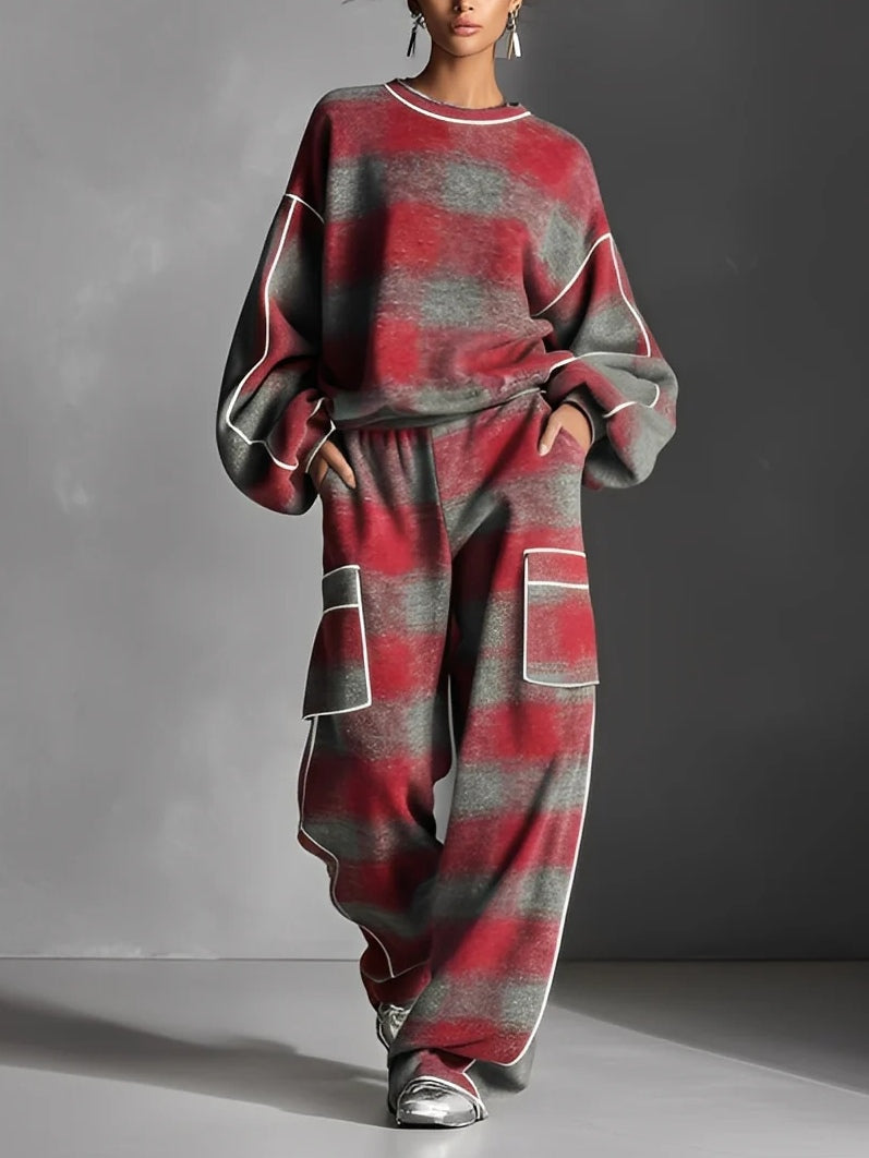 Elmont | Red & Grey Plaid Colour-Block Sweatshirt & Pants Set