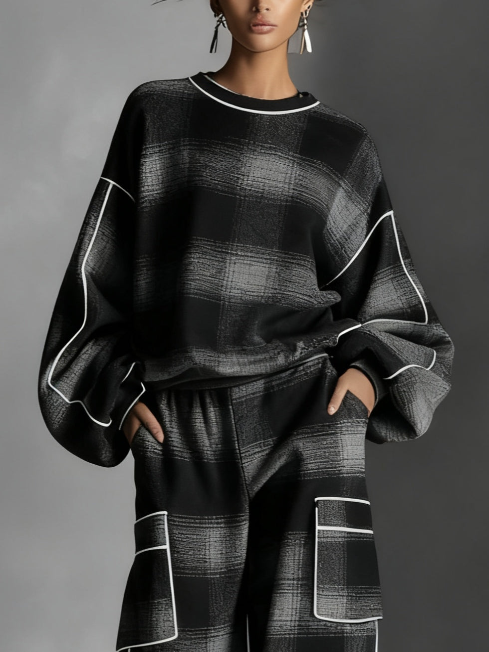 Elmont | Grey and Black Plaid Colour-Blocked Sweatshirt & Pants Set