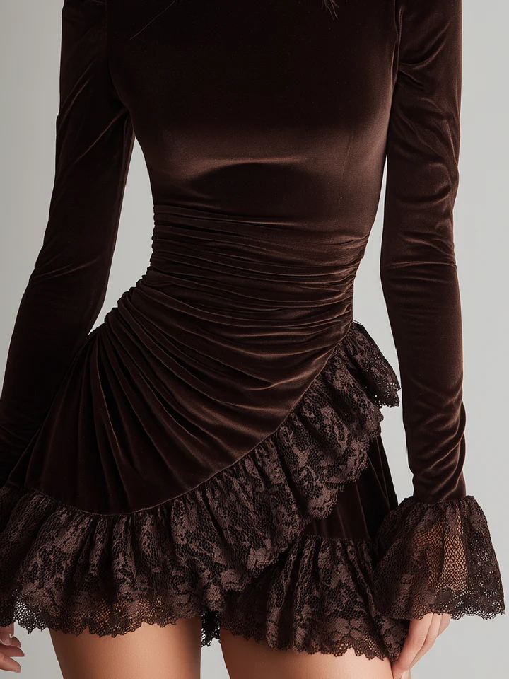 Elmont | Brown Velvet Turtleneck Ruffled Lace-Hem Mini Dress