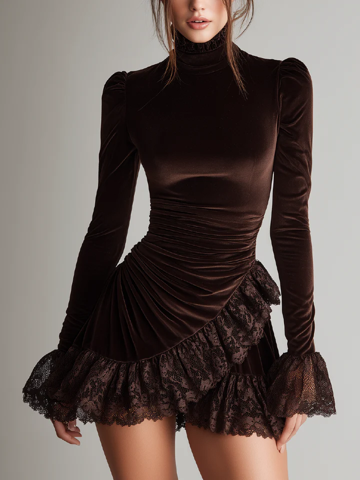 Elmont | Brown Velvet Turtleneck Ruffled Lace-Hem Mini Dress
