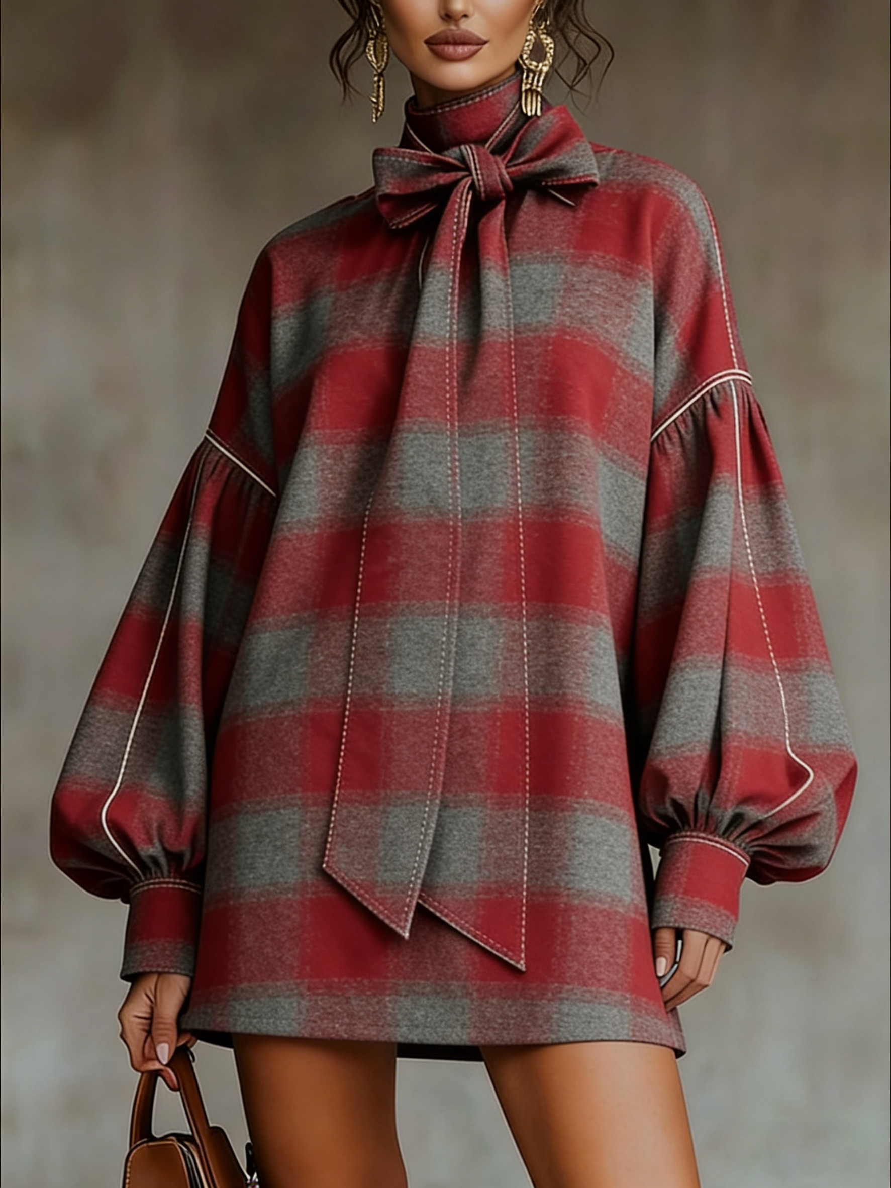 Elmont | Red and Grey Plaid Bow High-Neck Lantern-Sleeve Mini Dress