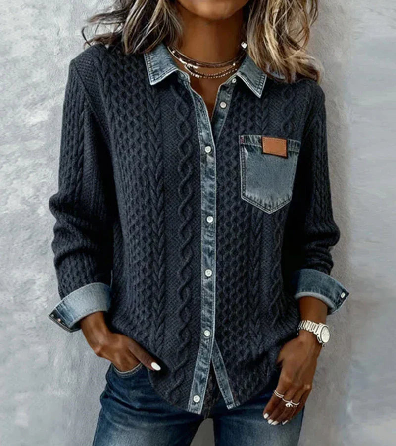 Elmont | Cable Knit Top with Denim Trim