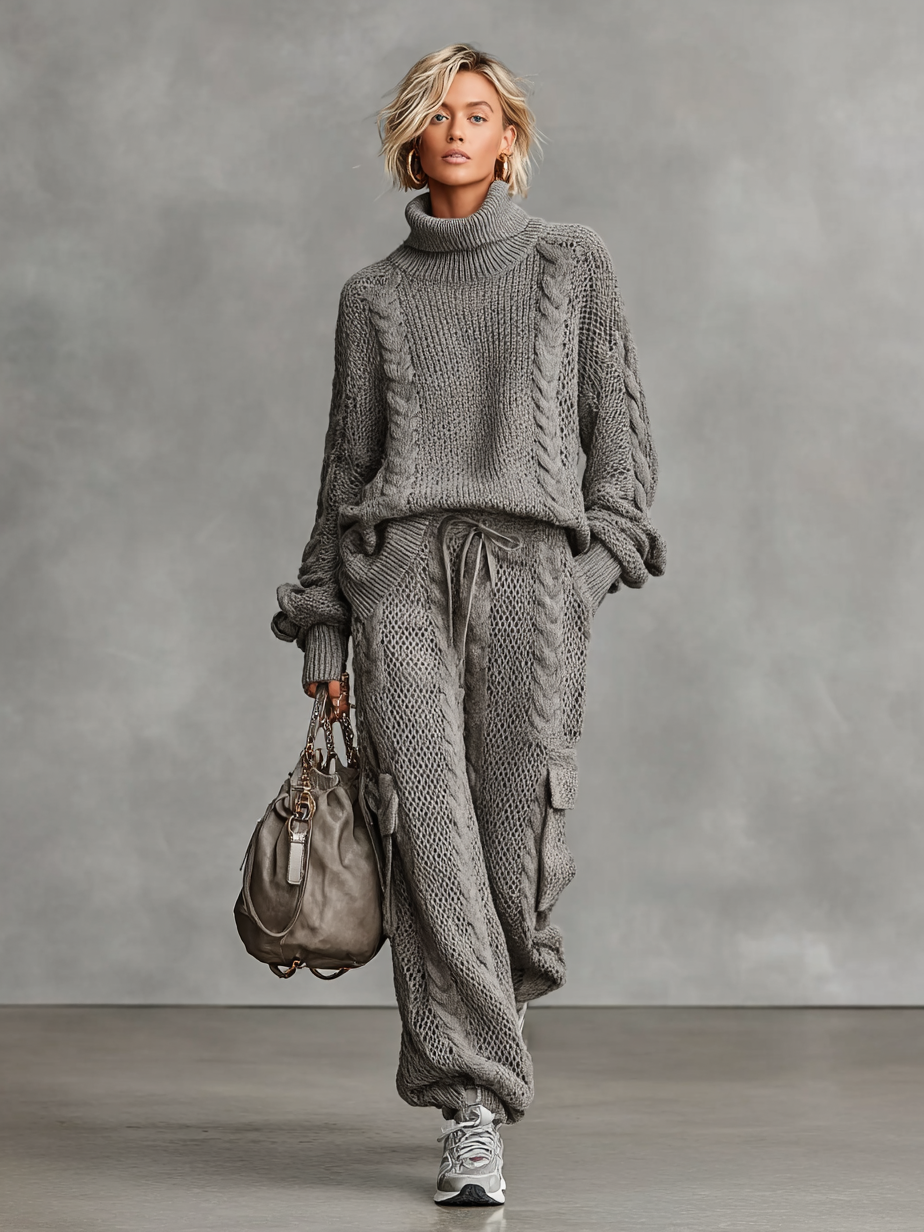 Elmont | Women's Cable Knit Turtleneck Sweater & Cargo Pants Set