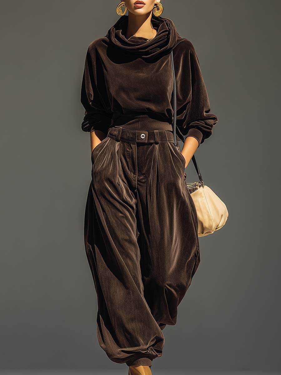 Elmont | Brown Velvet Hoodie and Pants Set with Belt