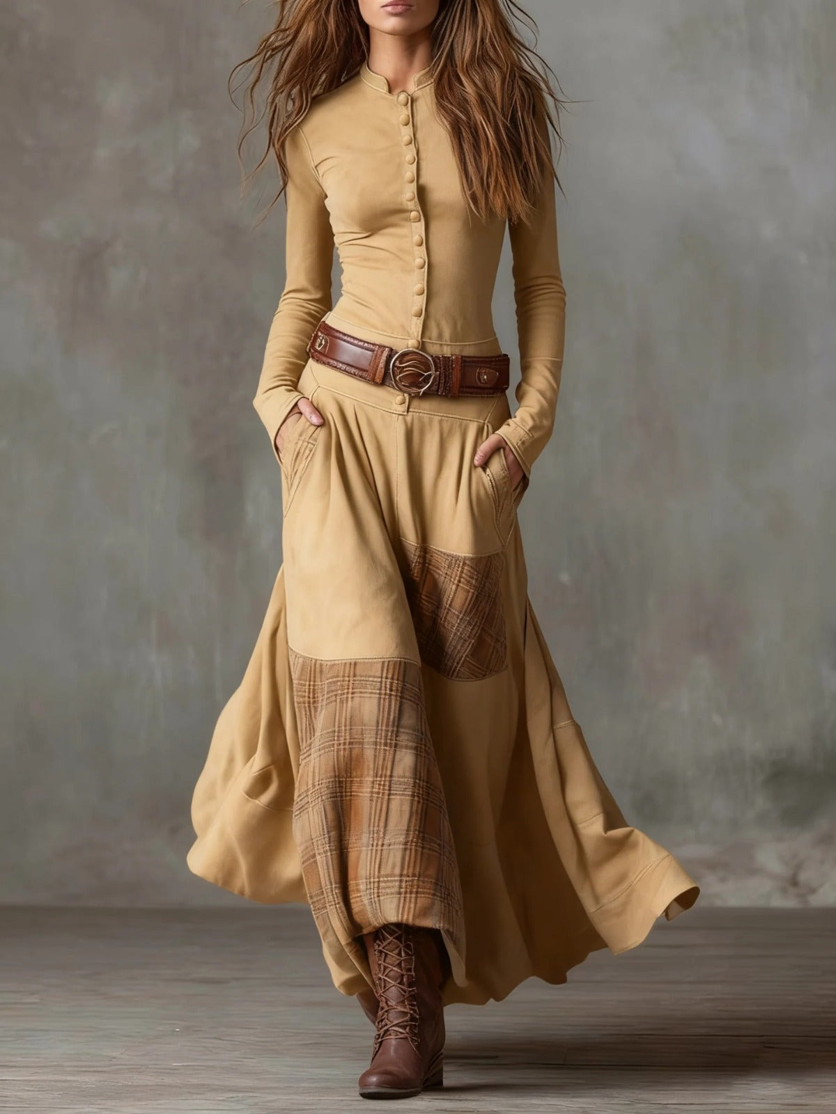 Elmont | Suede Patchwork Maxi Dress with Belt