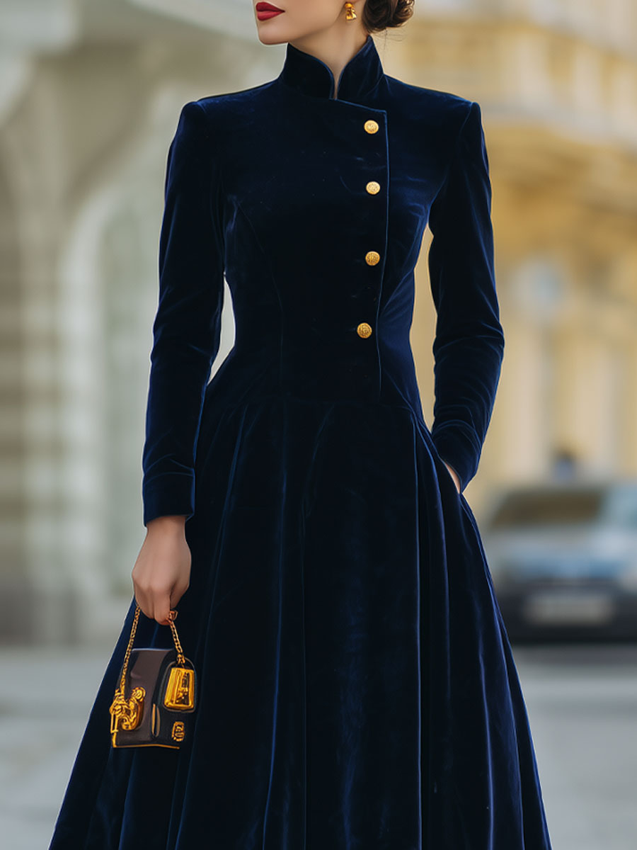 Elmont | Velvet A-Line Dress with Gold Buttons