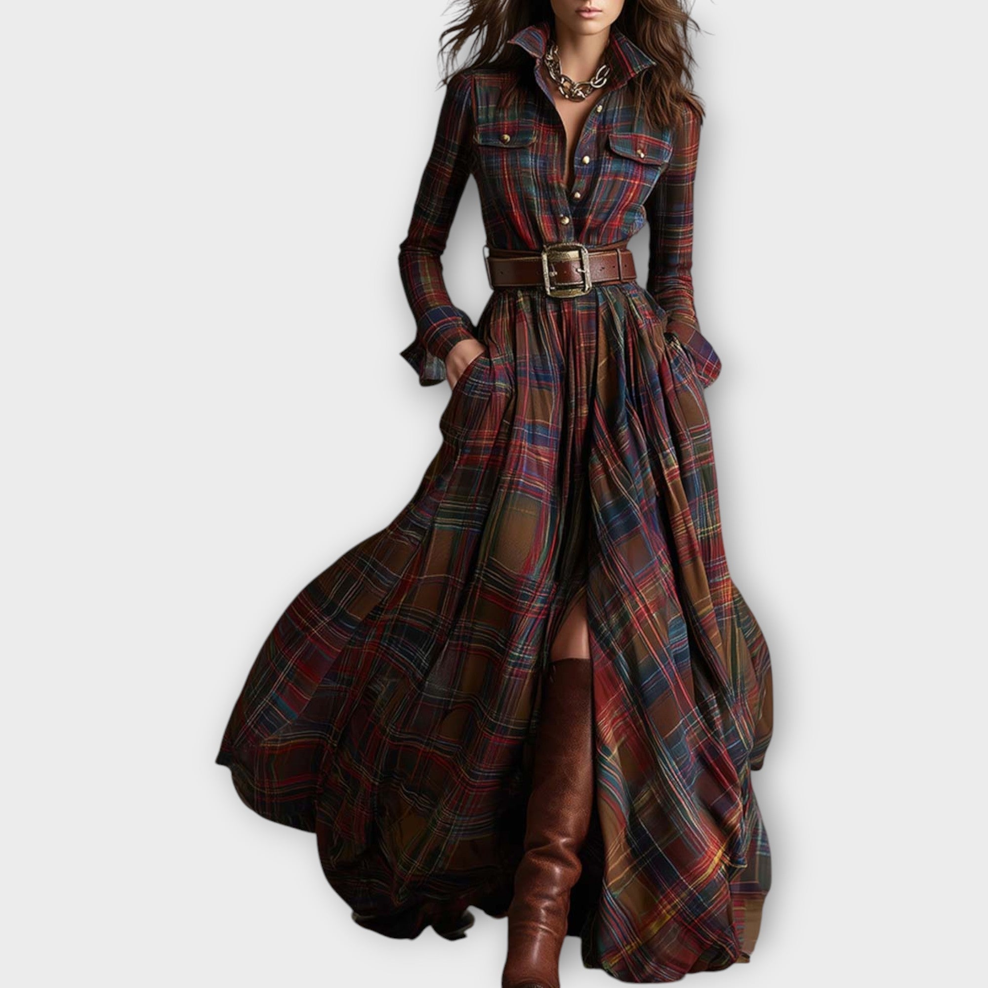 Nora | Plaid Maxi Dress with Button-Down Collar