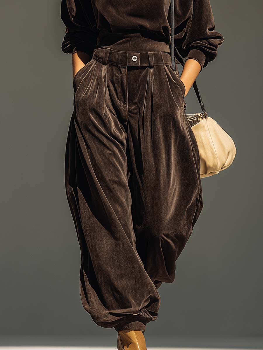 Elmont | Brown Velvet Hoodie and Pants Set with Belt