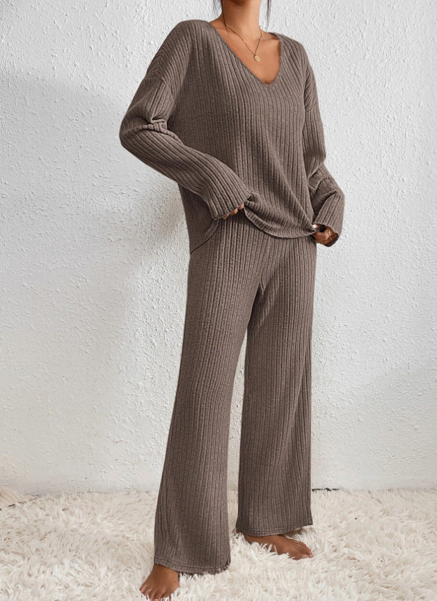 Sarah | Ribbed V-Neck Top and Wide-Leg Pant Set