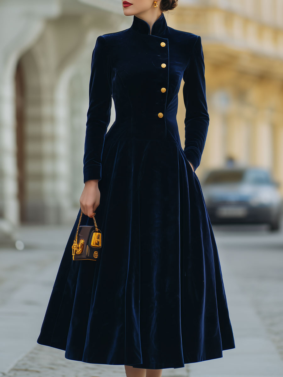 Elmont | Velvet A-Line Dress with Gold Buttons