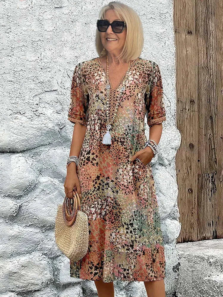 Samantha | Printed V Neck Midi Dress