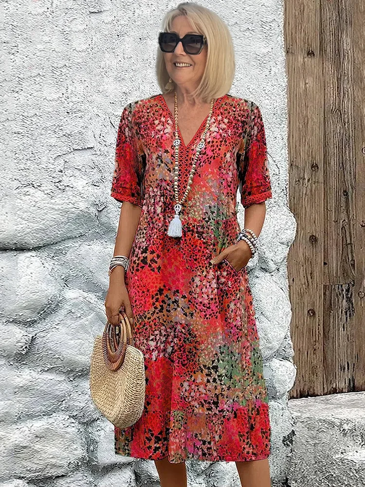 Maya | Printed V Neck Midi Dress