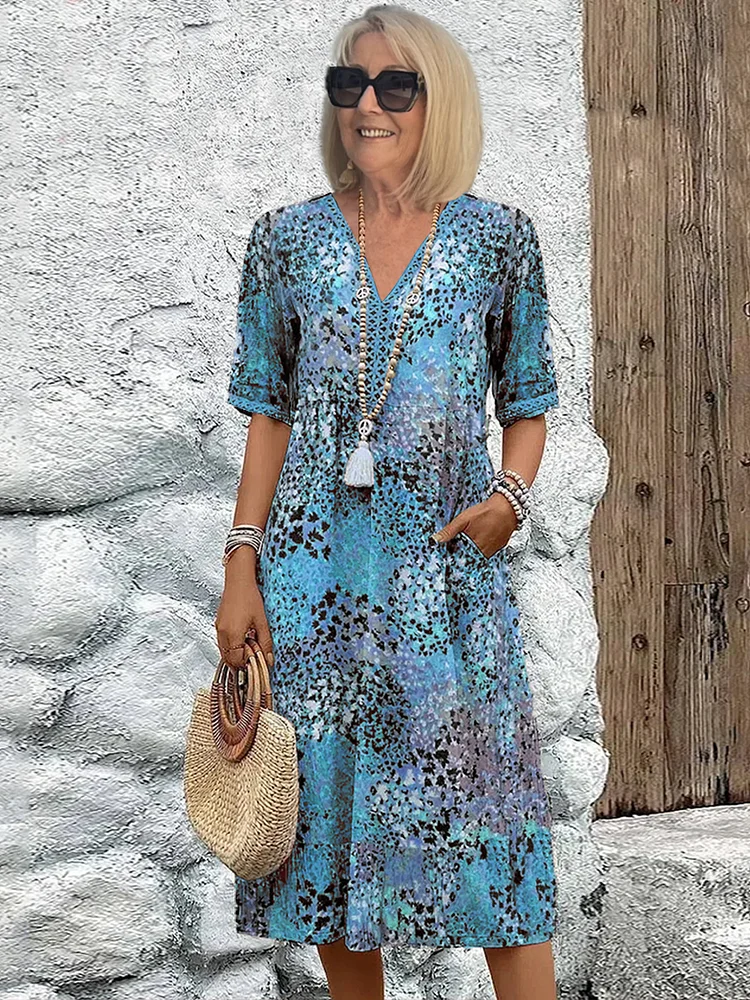 Samantha | Printed V Neck Midi Dress