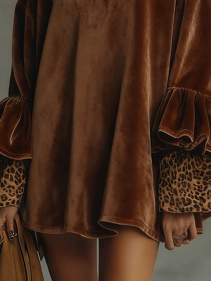 Elmont | Velvet Mini Dress with Flounce Sleeves and Leopard-Print Cuffs