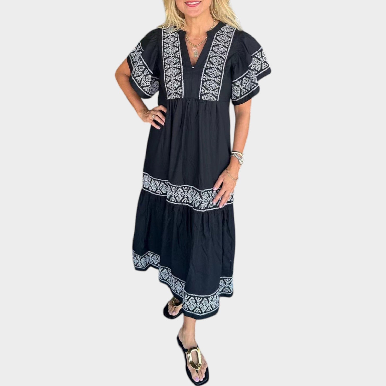Marisol | Embroidered Tiered Midi Dress