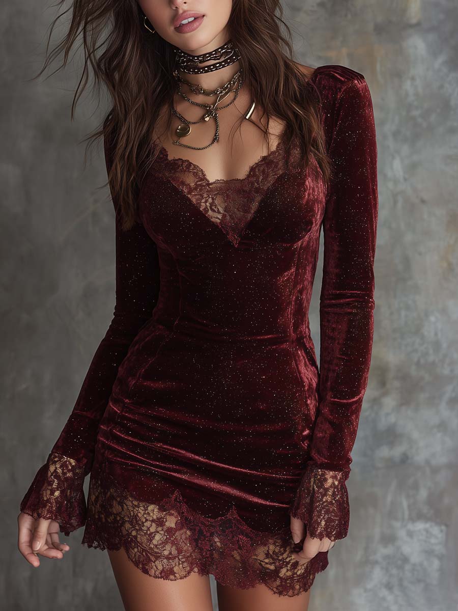 Elmont | Red Velvet Lace-Trim Mini Dress