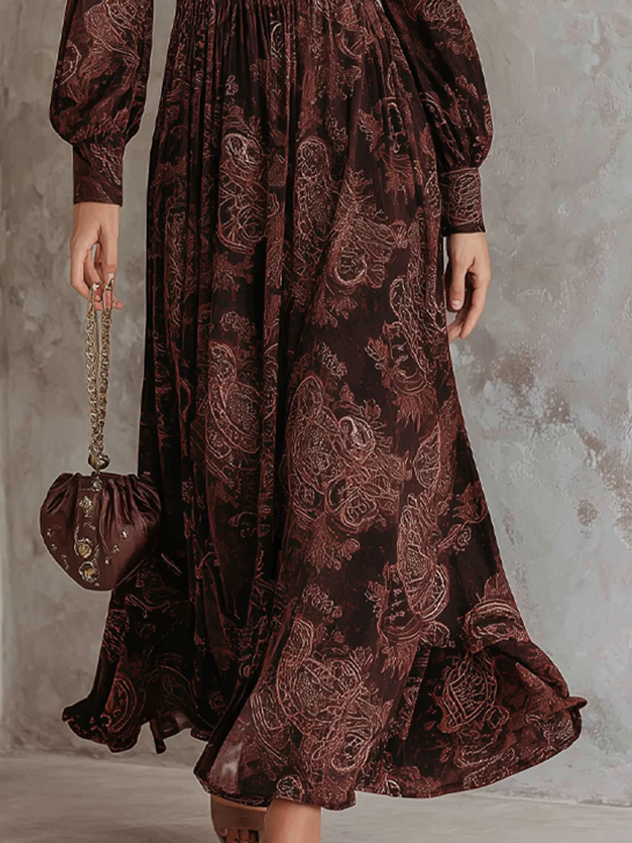 Elmont | Brown Paisley Zip-Neck Long-Sleeve Midi Dress