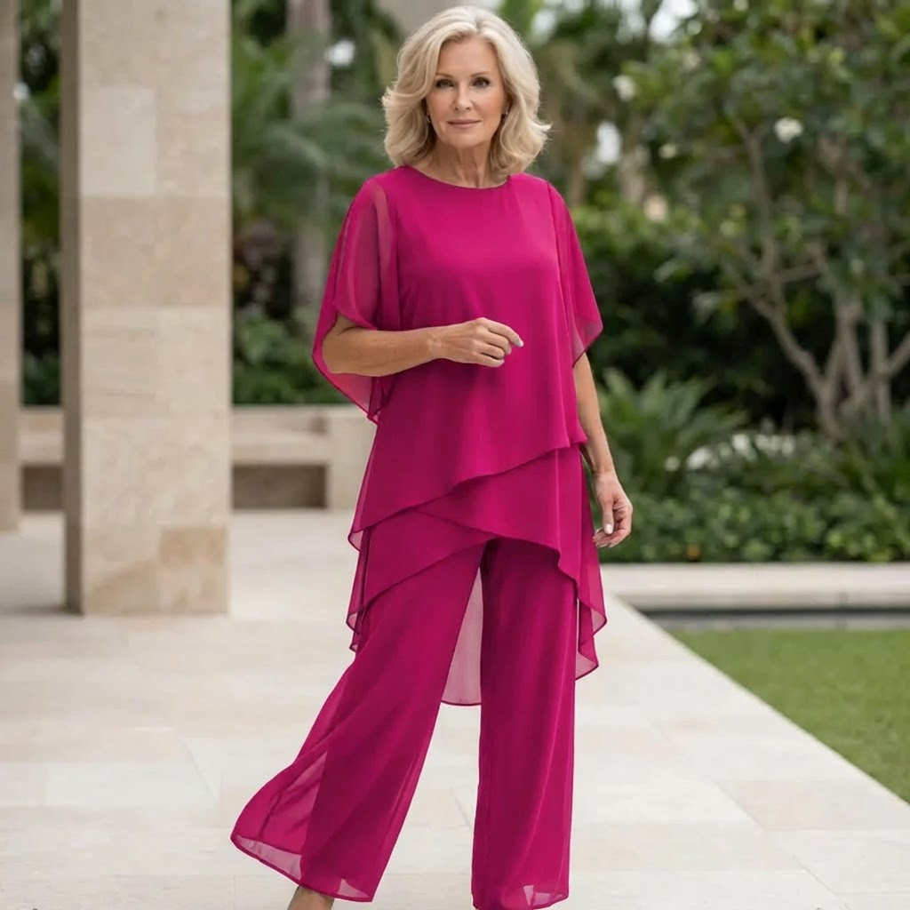 M&H | Two-Piece Pants Set with Asymmetrical Draped Top