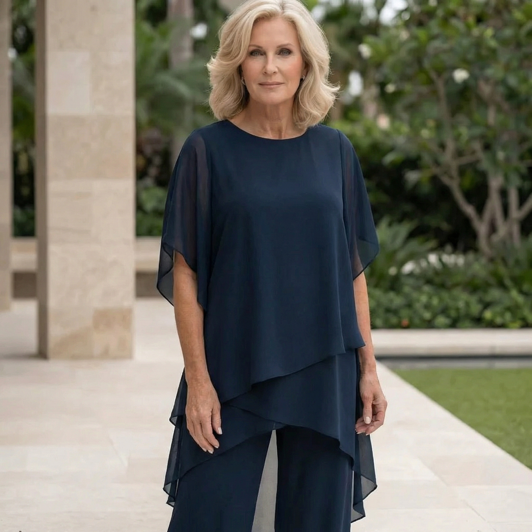 M&H | Two-Piece Pants Set with Asymmetrical Draped Top
