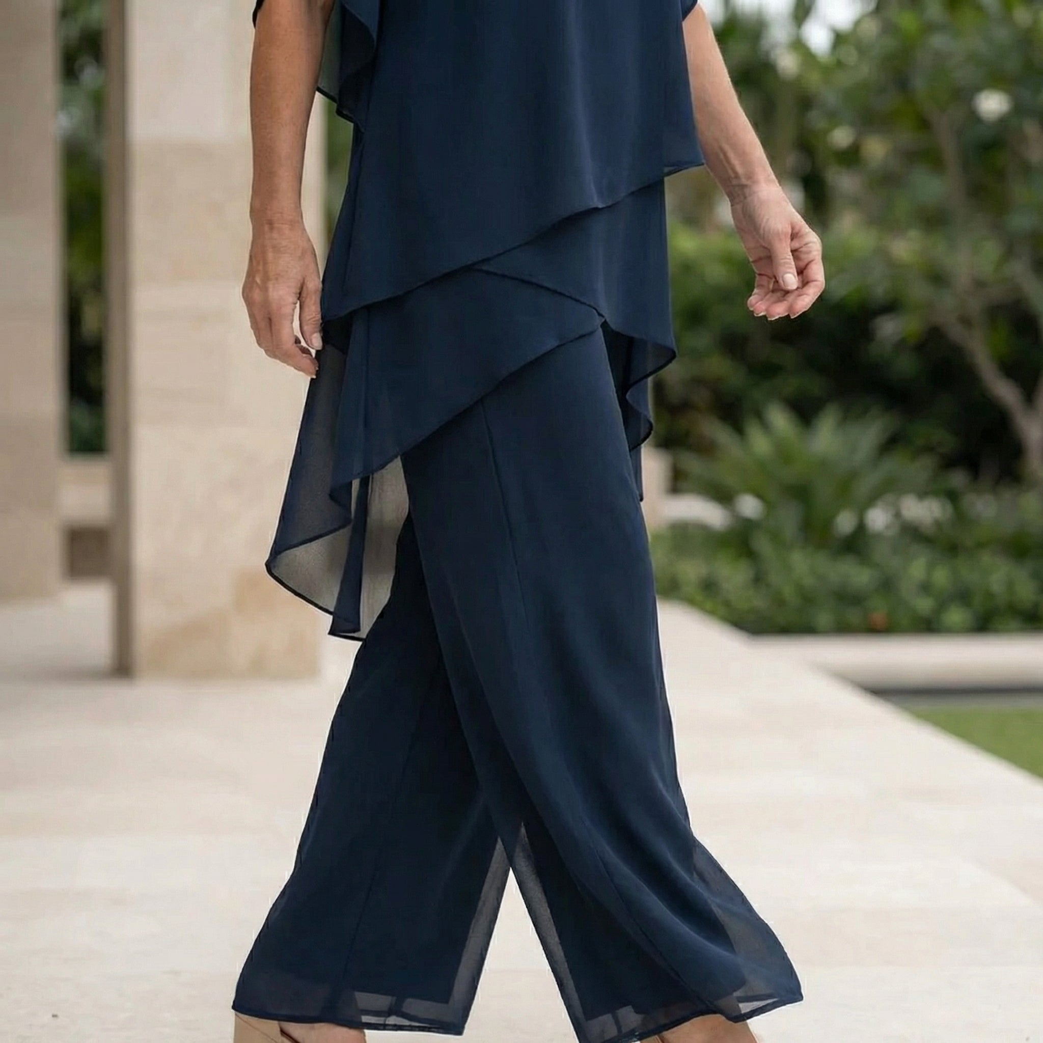 M&H | Two-Piece Pants Set with Asymmetrical Draped Top