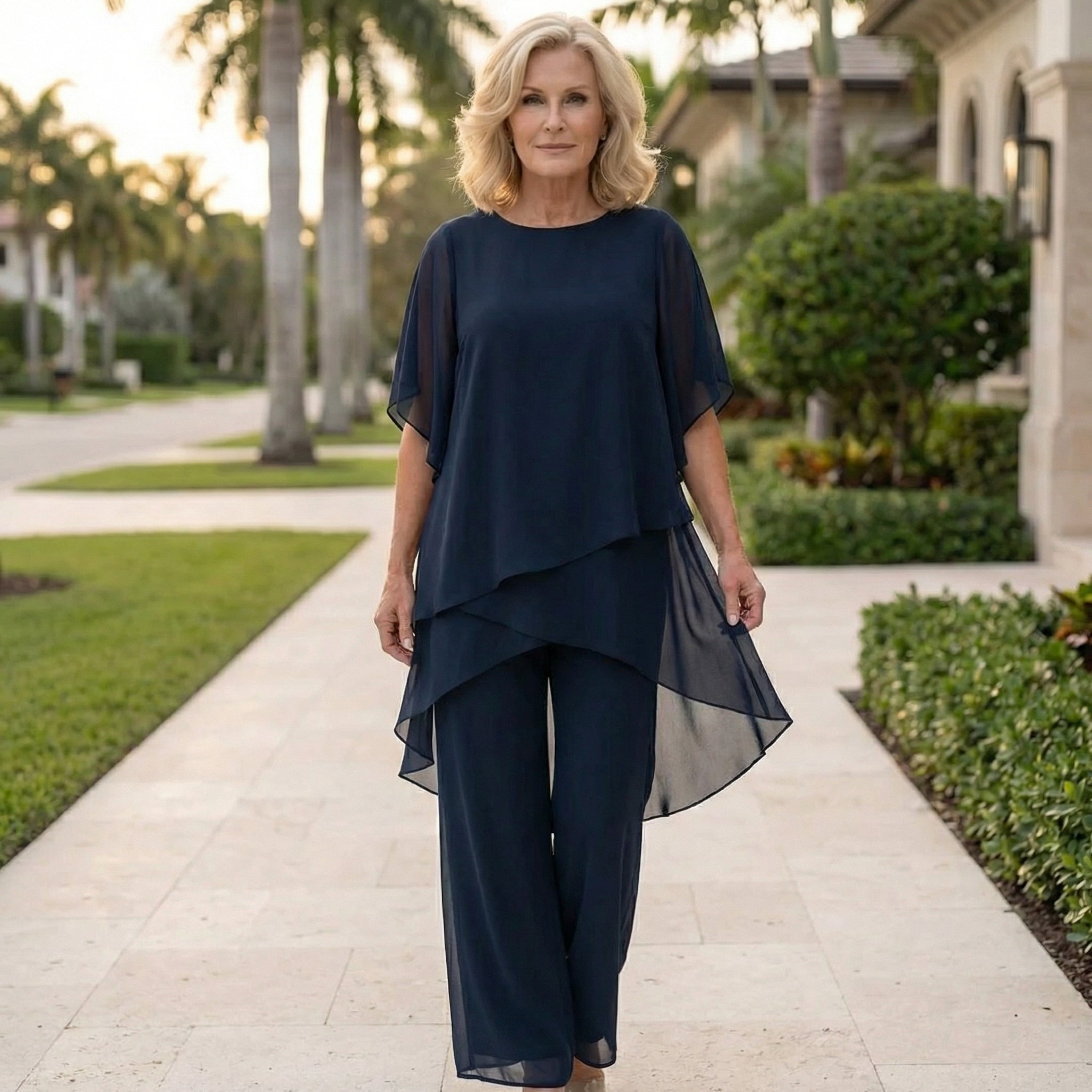 M&H | Two-Piece Pants Set with Asymmetrical Draped Top
