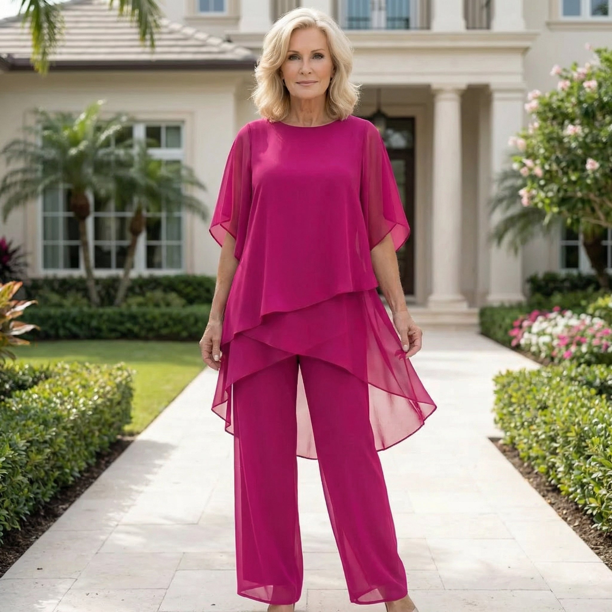 M&H | Two-Piece Pants Set with Asymmetrical Draped Top