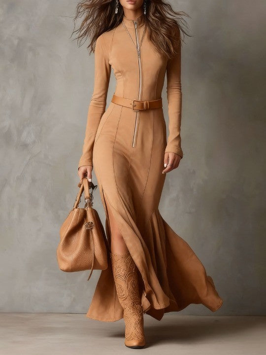 Elmont | Brown PU Suede Zip-Front Belted Maxi Dress