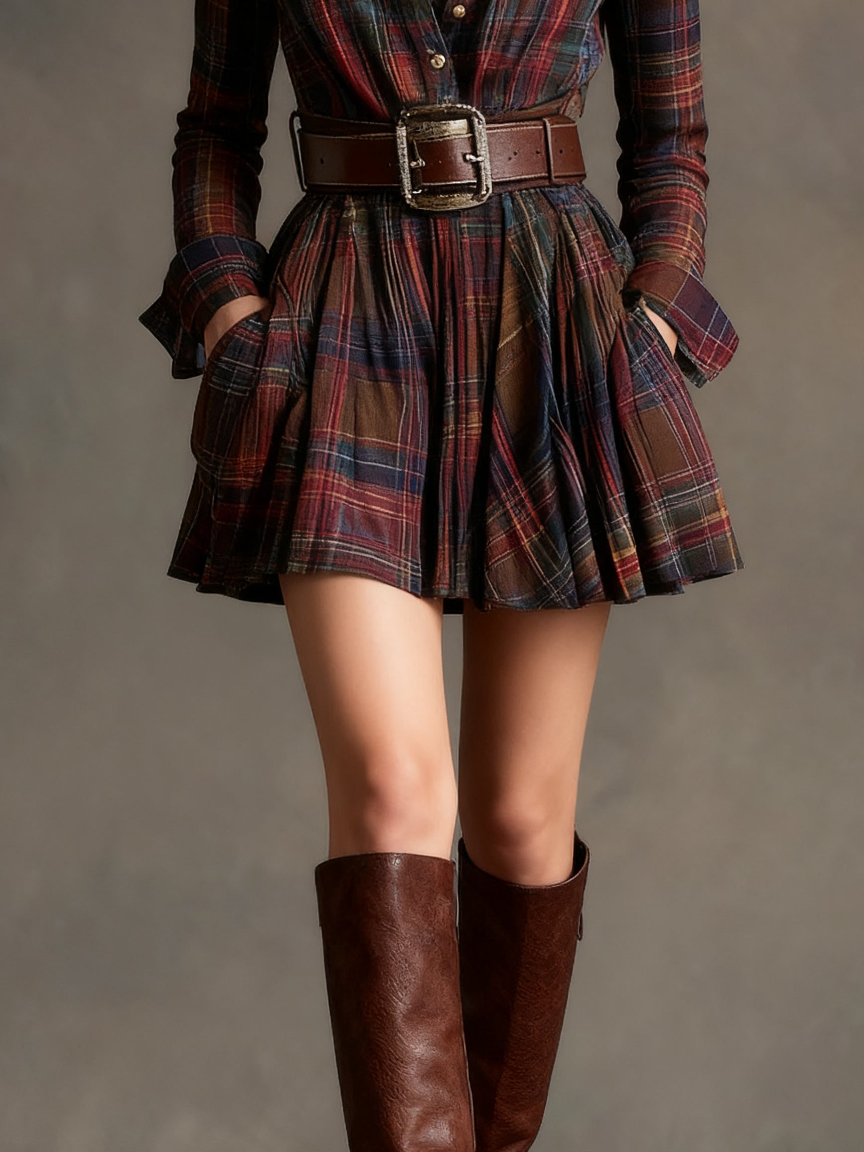 Elmont | Red and Brown Plaid Lapel Belted Mini Dress