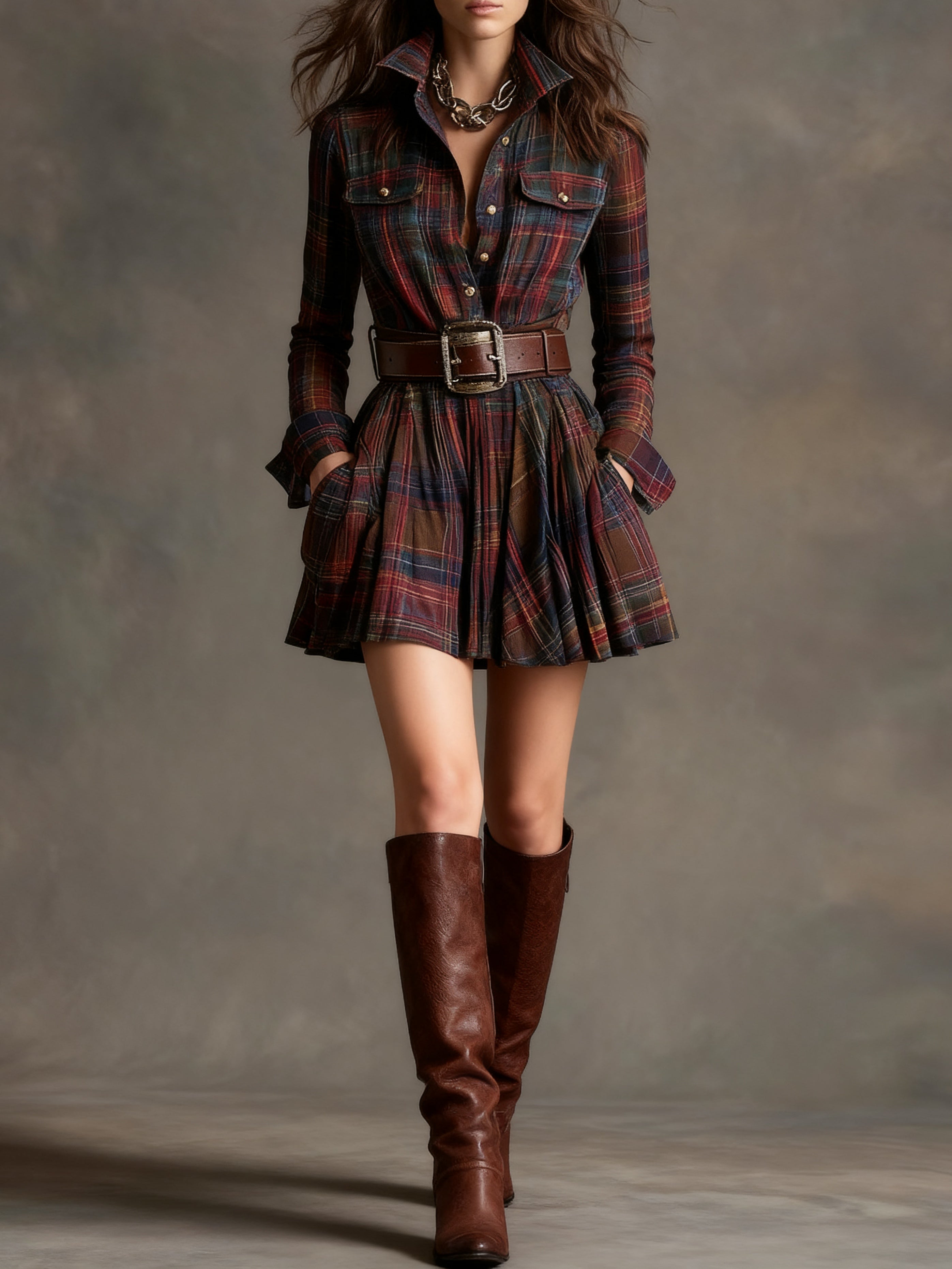 Elmont | Red and Brown Plaid Lapel Belted Mini Dress