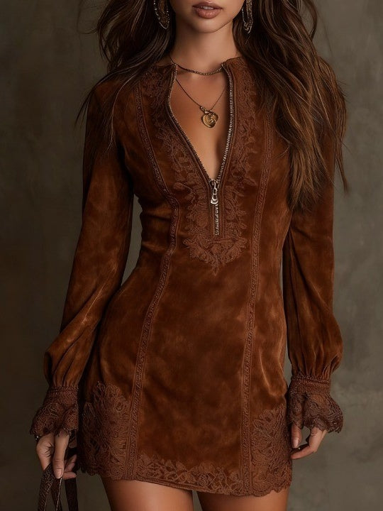 Elmont | Blue Suede Lace-Trim Mini Dress