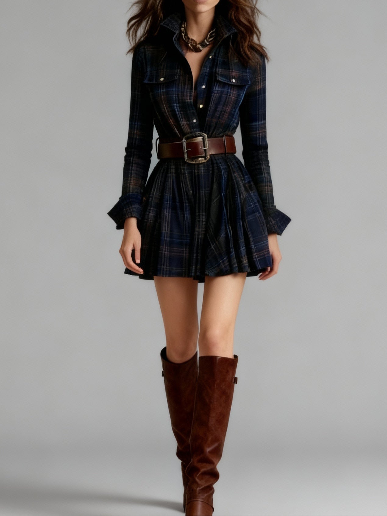 Elmont | Red and Brown Plaid Lapel Belted Mini Dress