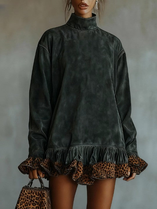 Elmont | Turtleneck Leopard Print Paneled Mini Dress