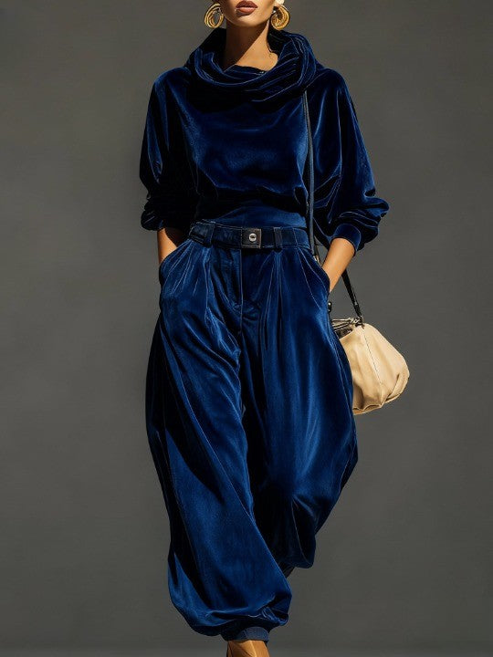 Elmont | Brown Velvet Hoodie and Pants Set with Belt