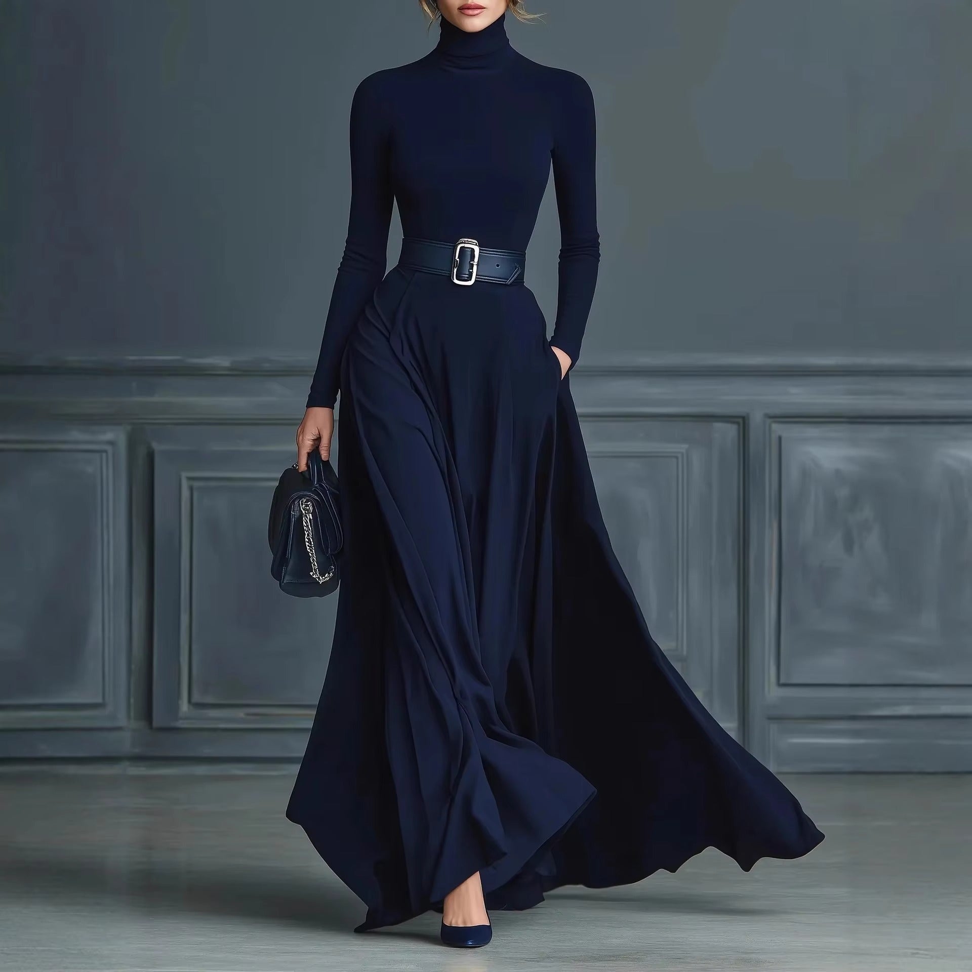 Elmont | Belted Turtleneck Maxi Dress