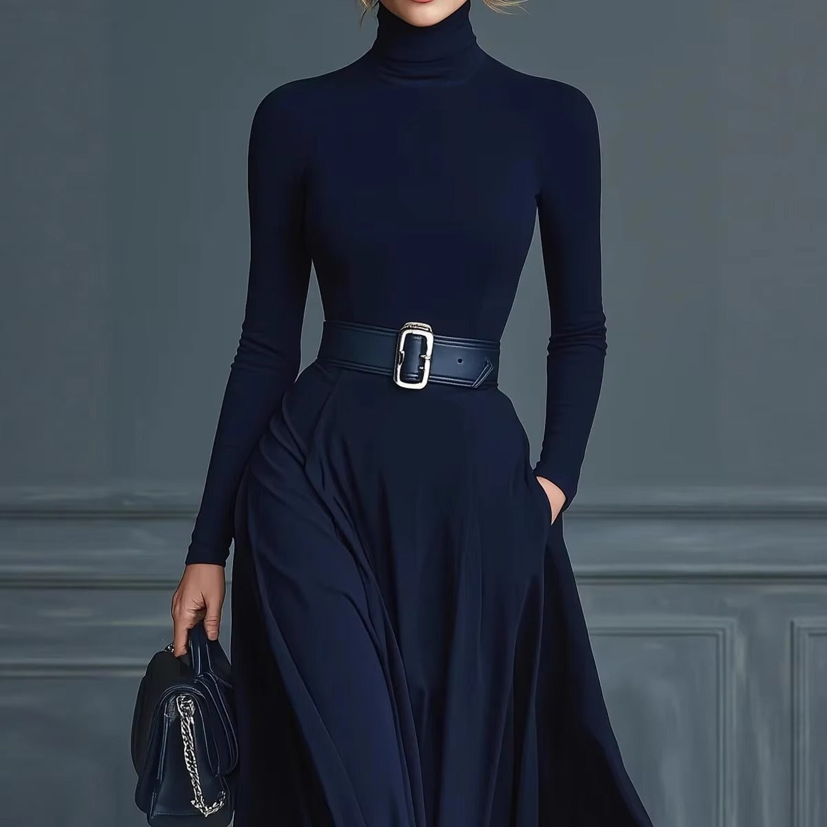 Elmont | Belted Turtleneck Maxi Dress