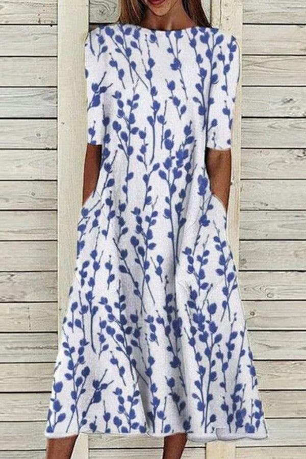 Elena | Crew Neck Midi Dress with Botanical Print