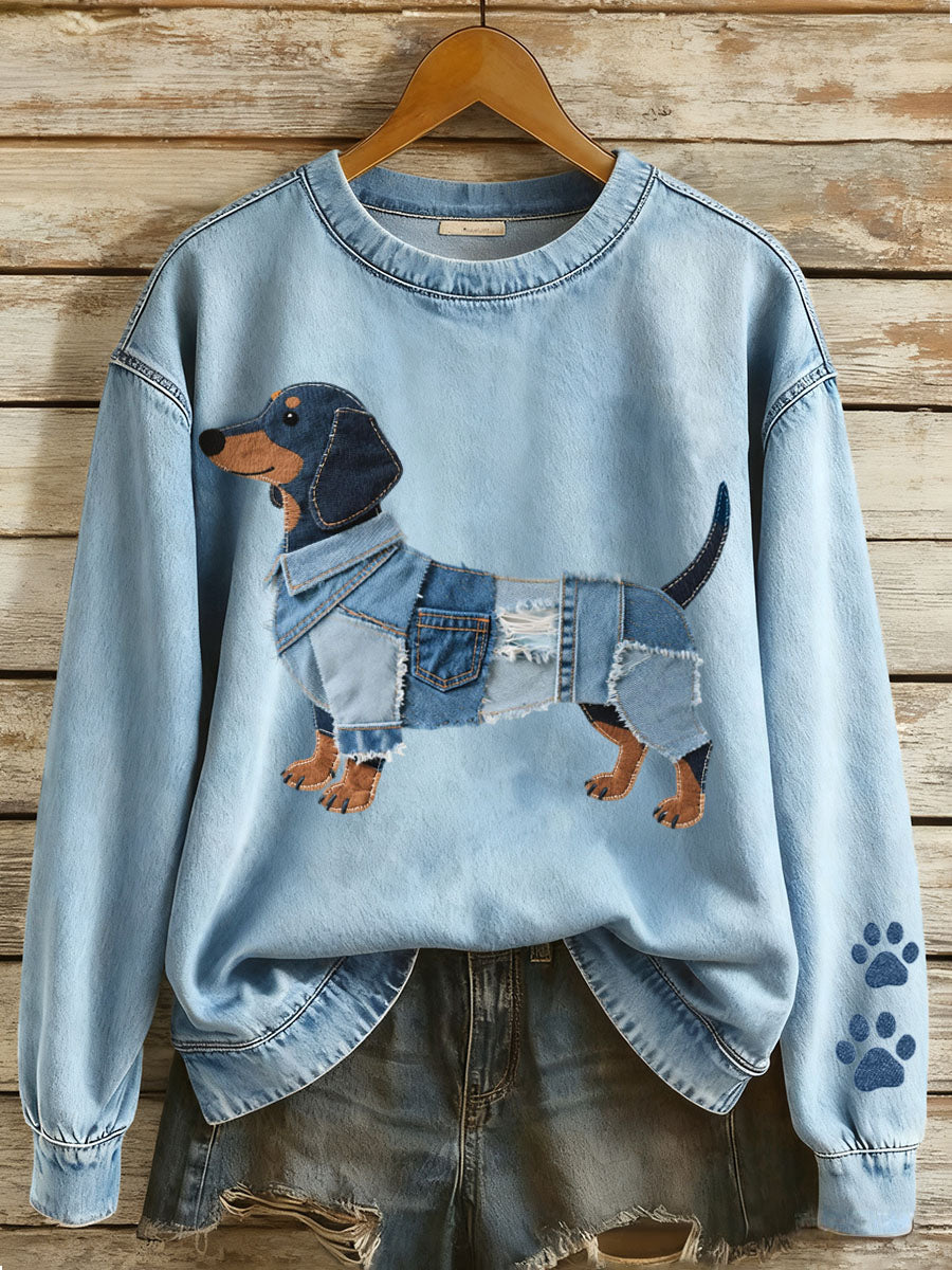 Elmont | Women's Denim Patchwork Dachshund Sweatshirt